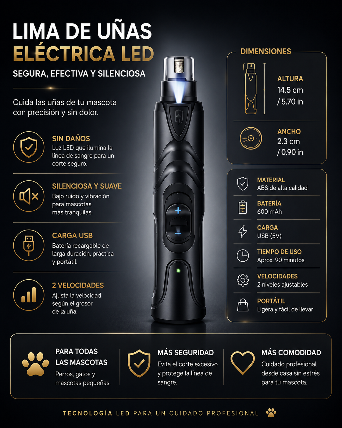 Cortaúñas Eléctrico con Luz LED para Perros - Recargable 2 Velocidades | LUMEPA™