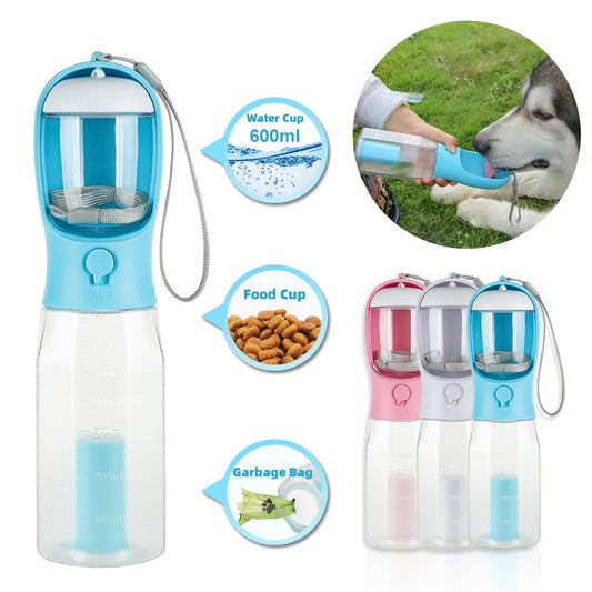 Botella de Agua 3 en 1 con Dispensador de Comida y Bolsas para Perros